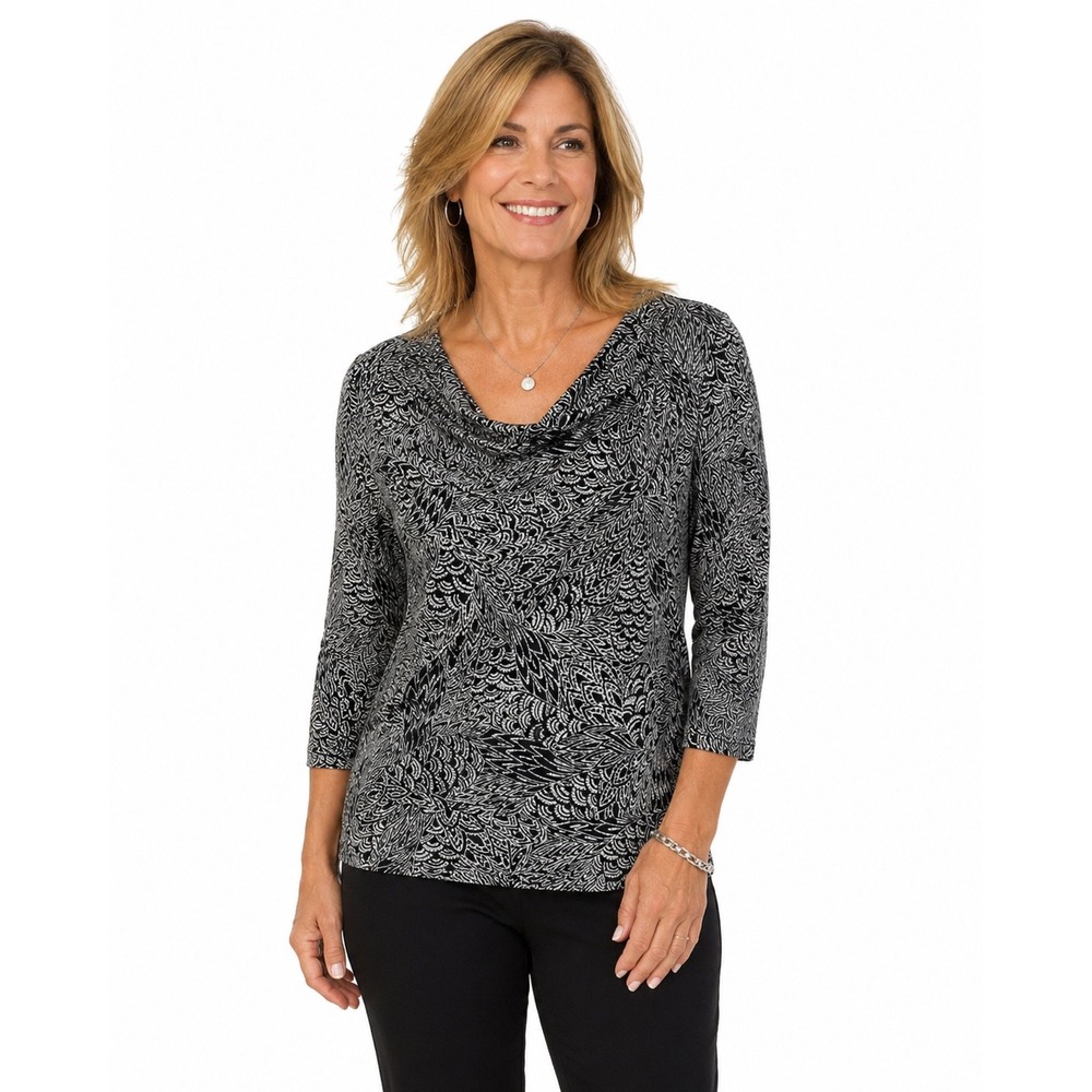 Easywear by Chicos Top 0 Small Black White Cowl Neck 3/4 Sleeve Abstract Feather